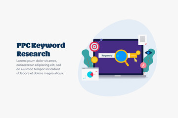 keyword research program for ppc campaign success. Find right keyword for ppc advertising and seo optimization, Competitor keyword research software. Business and communication concept. Web banner.