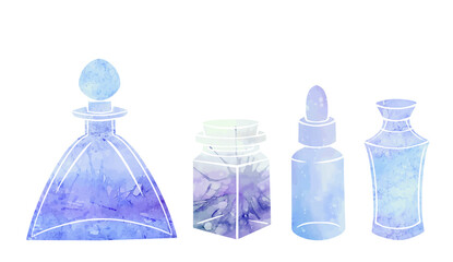 Silhouette of bottles, flasks and jars with blue watercolor background. Containers for perfumes and medicines. Natural medicine. Potions and Alchemy. Vector object for recipes, banners and your design