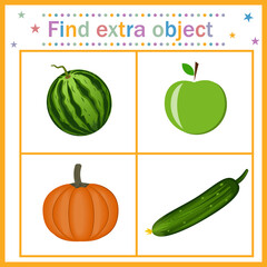 Card for children's development, Find an extra object where fruits and vegetables are shown in green and a pumpkin is yellow, the pumpkin is superfluous. Vector illustration. Design of children's book
