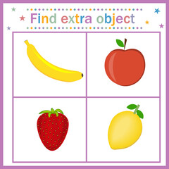 Card for children's development, Find an extra object where the fruit is shown three fruits and one berry, the berry is superfluous. Vector illustration. Design of children's books, preschool educatio