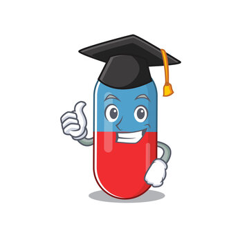 Pills drug caricature picture design with hat for graduation ceremony