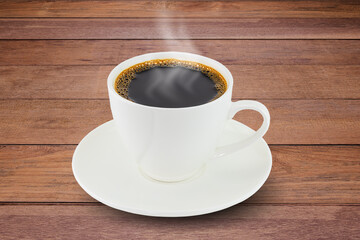 White coffee cup on brown grunge vintage wooden tabletop background