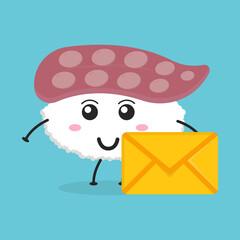Cute flat cartoon sushi illustration holding an envelope. Vector illustration of sushi with a smiling expression. Cute sushi with an envelope mascot design
