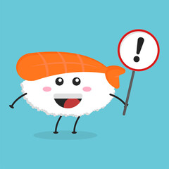 Cute flat cartoon sushi holding a sign illustration. Vector illustration of cute sushi with a smiling expression. Cute sushi with a sign mascot design