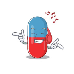A Caricature design style of pills drug listening music on headphone