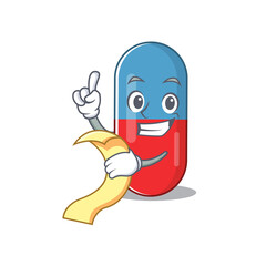 Pills drug mascot character style with food and beverage menu on his hand
