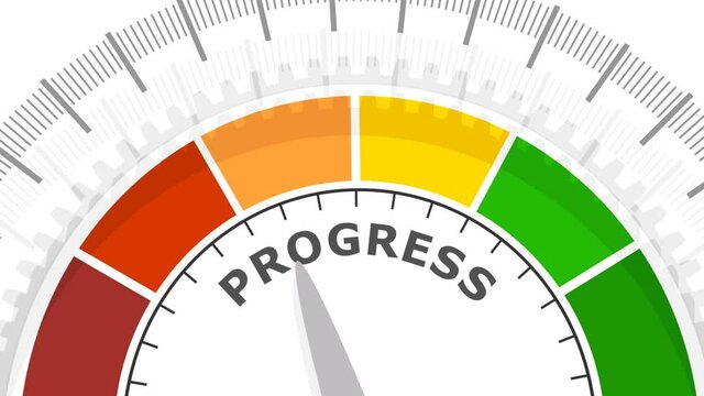 Color tachometer, speedometer icon, performance measurement symbol. Scale with arrow. Progress measuring device. Colorful infographic gauge element.