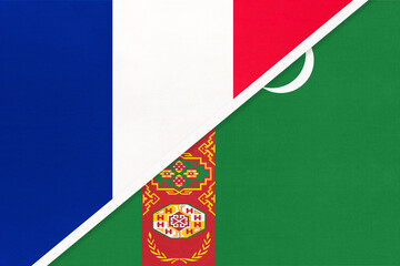 France and Turkmenistan or Turkmenia, symbol of national flags from textile. Championship between two countries.