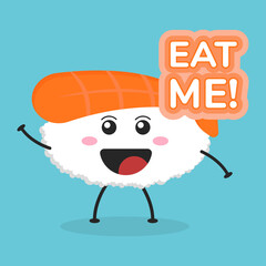 Cute flat cartoon sushi illustration. Vector illustration of cute sushi with a smiling expression. Cute sushi mascot design