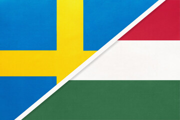 Sweden and Hungary, symbol of national flags from textile. Championship between two European countries.