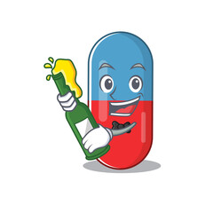 A caricature design style of pills drug cheers with a bottle of wine