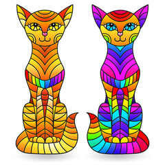 Set of stained glass elements with rainbow cats , isolated images on white background
