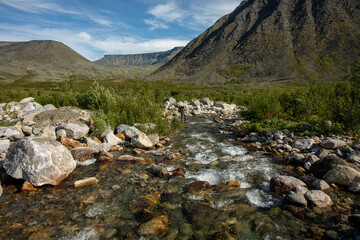 Amazing mountain landscape with colorful cloudless sky. Travel and hiking concept. Mountain landscape Subpolar Urals.