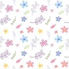Seamless Pattern of Hand Drawn Flower and Leaf Art Design on White Background