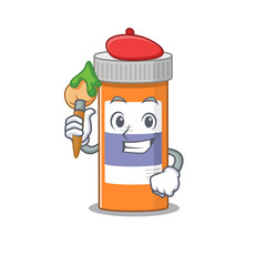 Pills drug bottle artist cartoon picture style paint a landscape using a brush