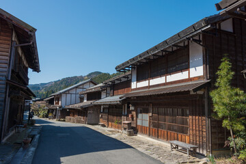 Tsumago-juku in Nagiso, Nagano, Japan. Tsumago-juku was a historic post town of famous Nakasendo trail between Edo (Tokyo) and Kyoto.