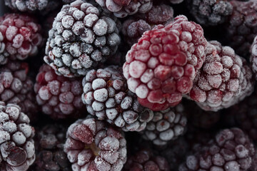 frozen food, frozen blackberries, frozen berries. Frozen Blackberry Close-Up