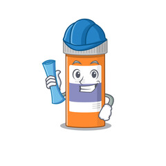 Caricature design concept of pills drug bottle Architect with new city landscape blue prints