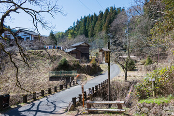 Beautiful scenic view from Between Tsumago-juku and Magome-juku on Nakasendo in Nagiso, Nagano, Japan. Nakasendo is famous ancient road.