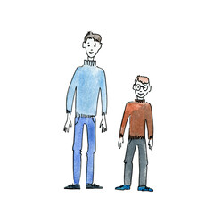 Tall and short men. Watercolor illustration isolated on white.