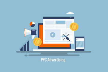 PPC advertising, pay per click marketing campaign, business investing on paid digital advertising. Courser clicking on website advertising banner. Smart marketing and brand promotion technology .