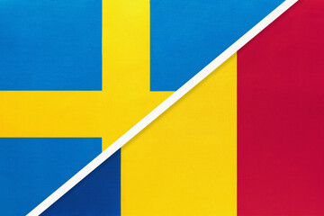 Sweden and Romania, symbol of national flags from textile. Championship between two European countries.