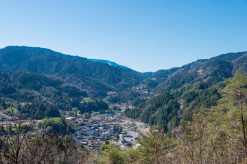 Beautiful scenic view from Tsumago castle Ruin on Nakasendo in Nagiso, Nagano, Japan. Nakasendo is famous ancient road.