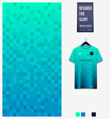 Turquoise gradient, geometry shape abstract background. Fabric pattern design for soccer jersey, football kit, sport uniform. T-shirt mockup template design. Vector Illustration.