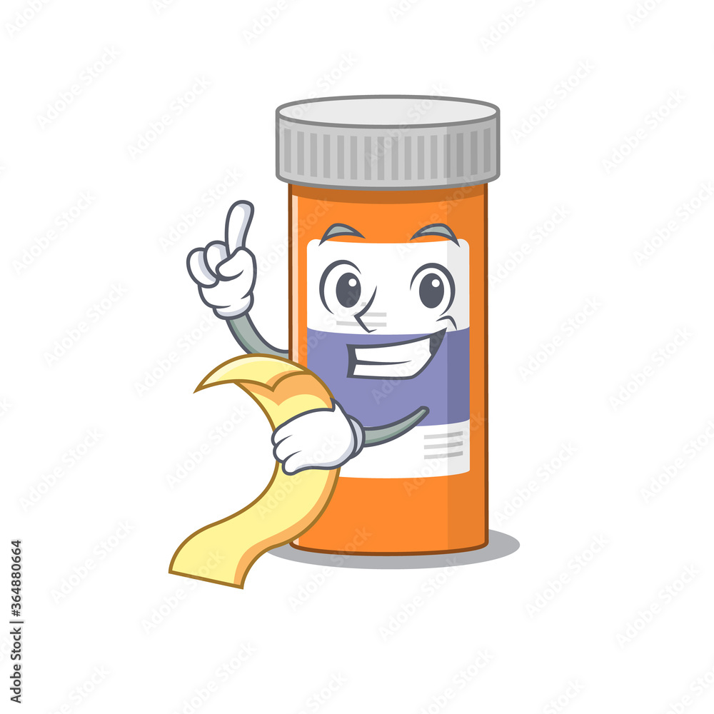 Poster Pills drug bottle mascot character style with food and beverage menu on his hand