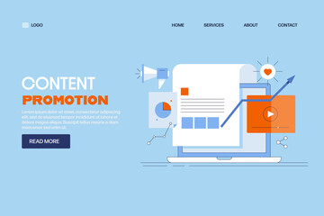Content promotion, digital content marketing, megaphone and laptop with video and text content marketing on social media. Web banner template, landing page.