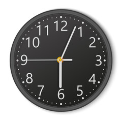 Realistic black round wall clock. Vector.