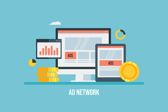 Ad network. Digital advertising, social media ads, targeting online audience with online advertising strategy, business, communication and marketing technology, digital ad networking concept.