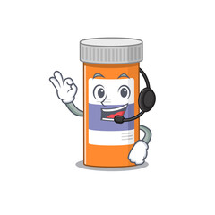 Pills drug bottle caricature character concept wearing headphone