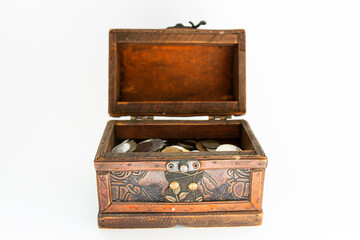 vintage wooden casket on a white background