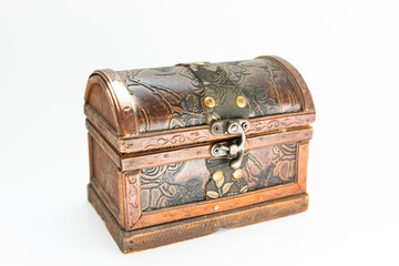 vintage wooden casket on a white background