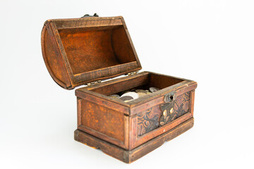 vintage wooden casket on a white background