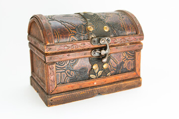 vintage wooden casket on a white background