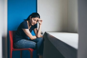 sad serious illness woman.depressed emotion panic attacks alone sick people fear stressful.crying...