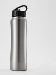 Full length grey aluminium waterbottle. Isolated on white background.