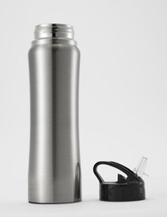 Full length grey aluminium waterbottle. Isolated on white background.