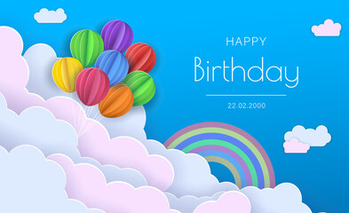 Origami Happy Birthday Greeting card.Flying Paper cut balloons. Colorful decoration for party, celebration, banner, card, gift. Vector Illustration.