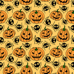 Seamless pattern with pumpkins, Jack lanterns, cute spiders, cobwebs. Vector backgrounds and textures for Halloween. Hand drawn illustration in flat doodle style, isolated