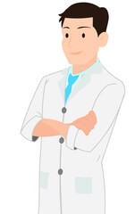 colored illustration of a Man standing in a lab coat hands crossed