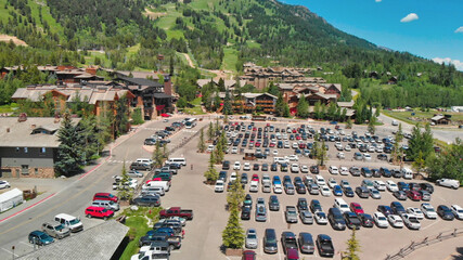Amazing panoramic aerial view of Teton Village near Jackson Hole in summertime, WY, USA