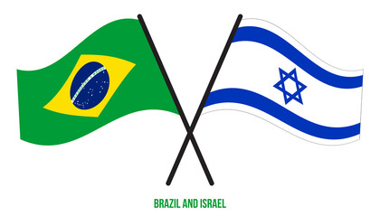 Brazil and Israel Flags Crossed And Waving Flat Style. Official Proportion. Correct Colors.