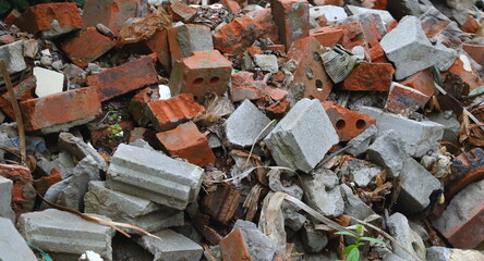 A pile of broken bricks and concrete