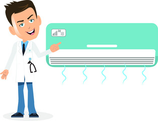 Doctor pointing air conditioner ac with a big smile talking about it