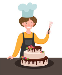 Vector scene with a cook in the kitchen. Woman cook preparing cake with berries.