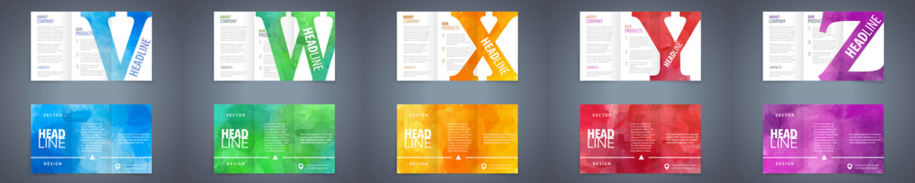 Vector trifold brochure design template set with colorful watercolor background and letter design element. Best corporate style layout