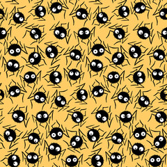 Seamless pattern of cute little spiders with eyes. Halloween vector backgrounds and textures. Isolated, hand drawn illustration